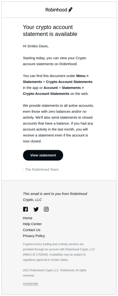 Transactional email examples: Robinhood account statement email