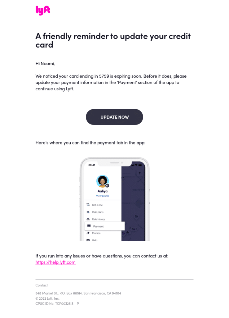 Transactional email examples: Lyft payment details email