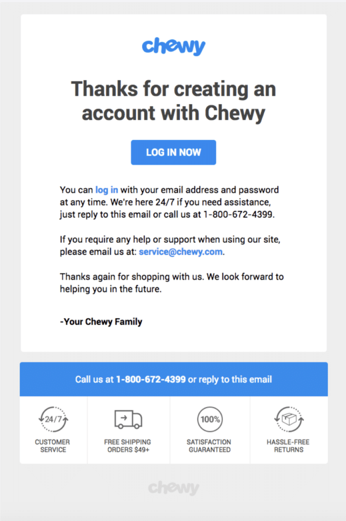 Transactional email examples: Chewy account confirmation email