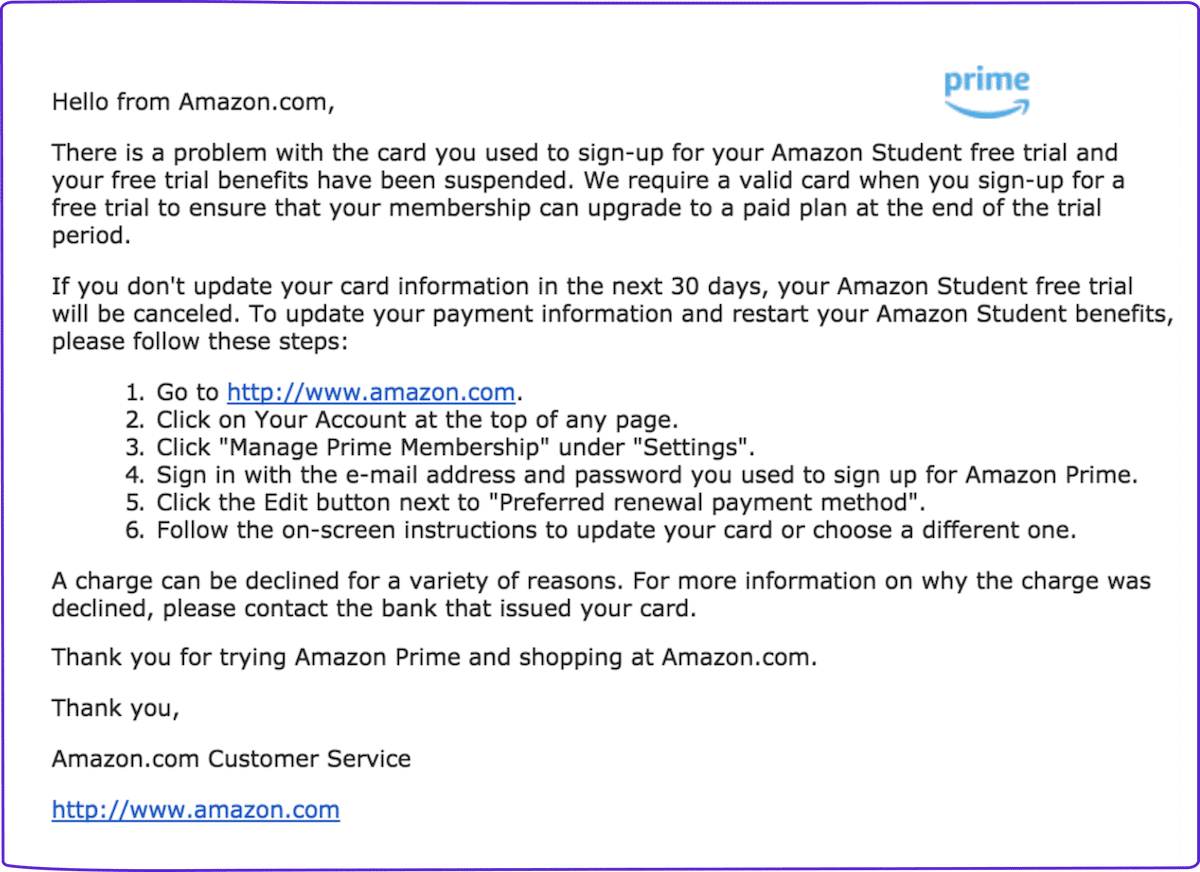 Dunning email example: Amazon