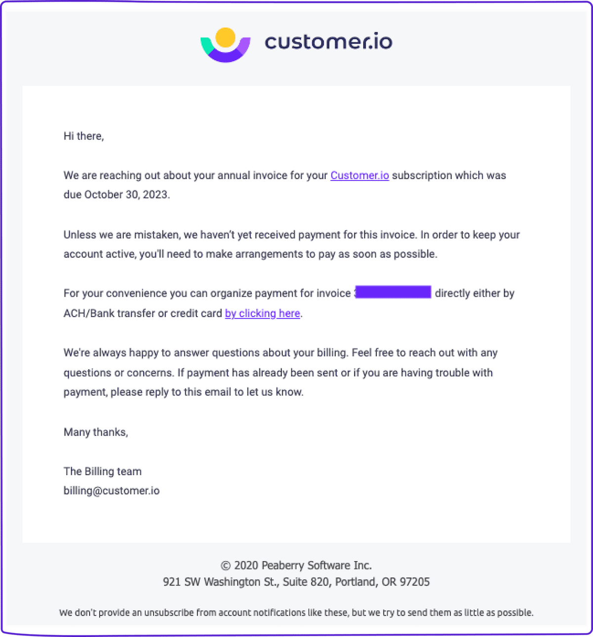 Dunning email template: Invoice overdue reminder email from Customer.io