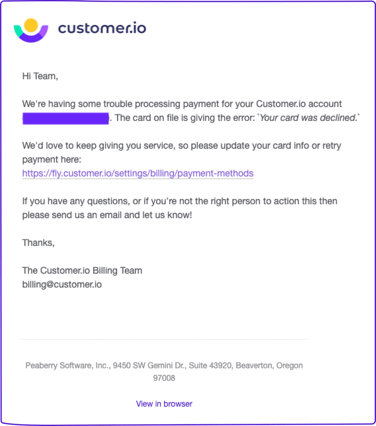 Dunning email template: Card payment failure email from Customer.io