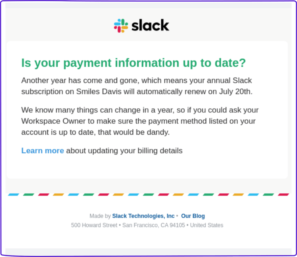 Dunning email example: Slack