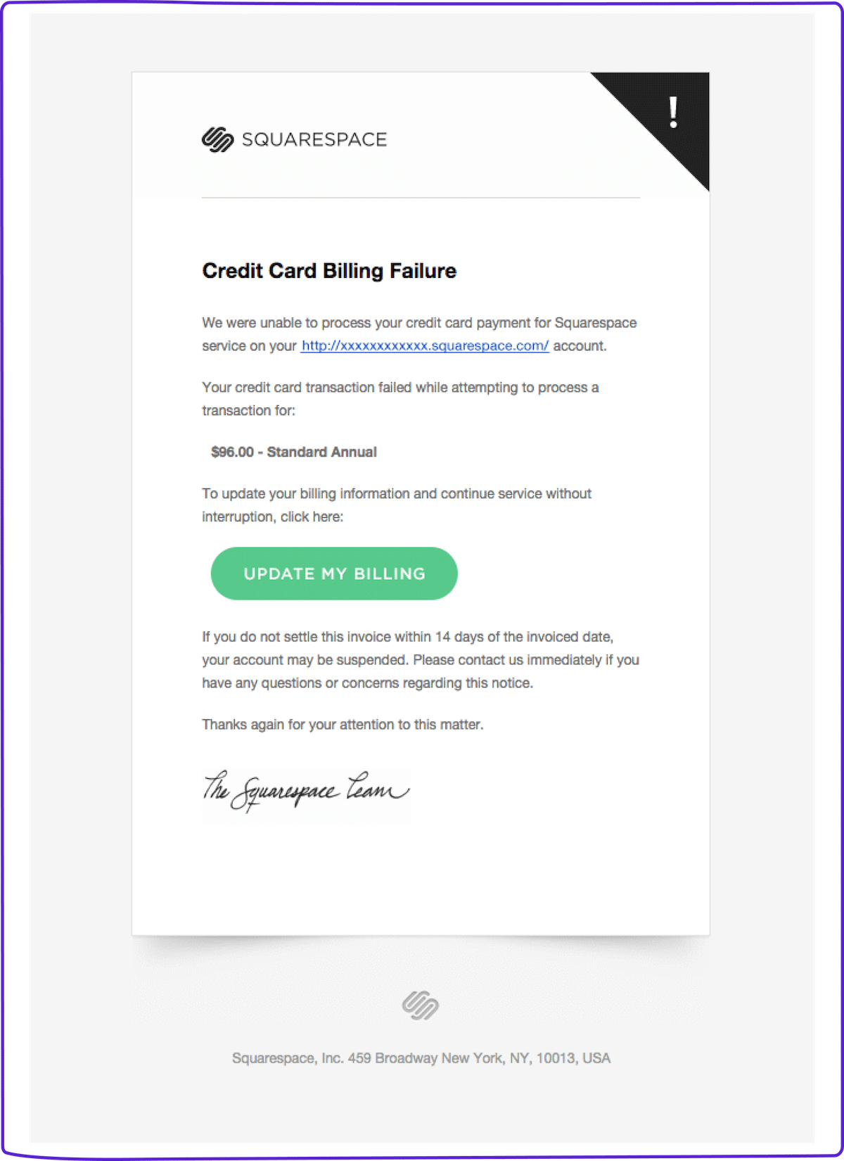 Dunning email example: Squarespace