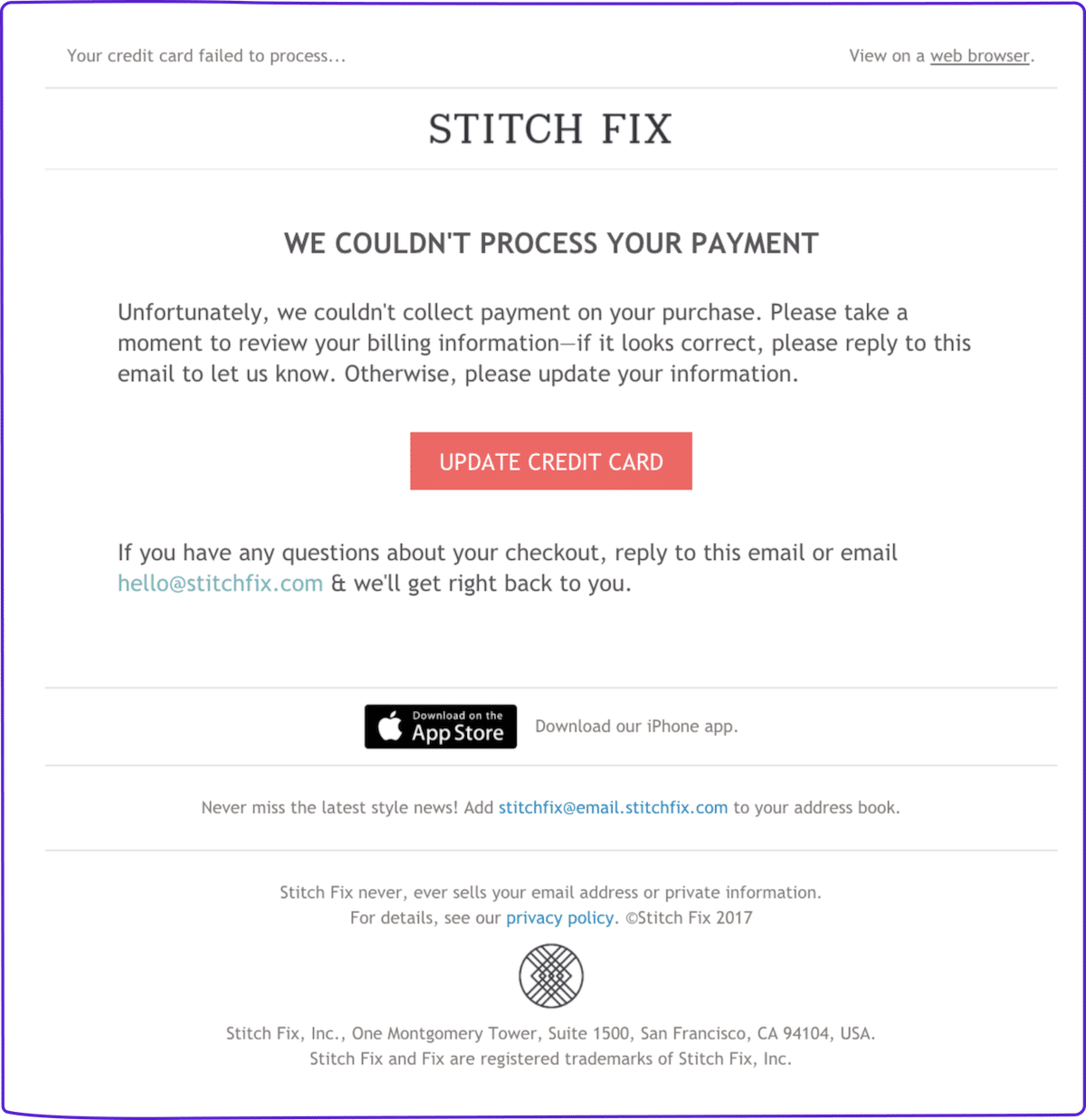 Dunning email example: Stitch Fix