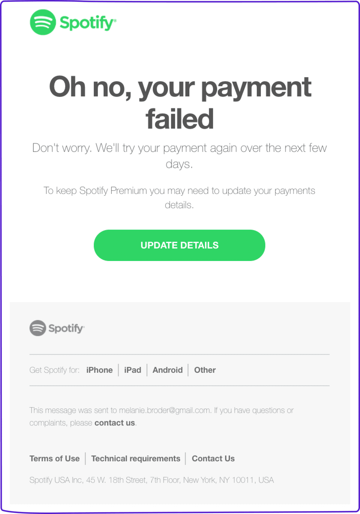 Dunning email example: Spotify