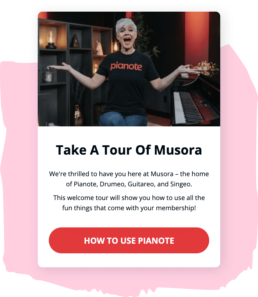 In-app messaging example: Musora's welcome message