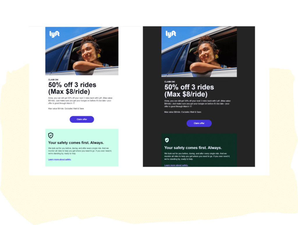 Lyft light and dark mode email example