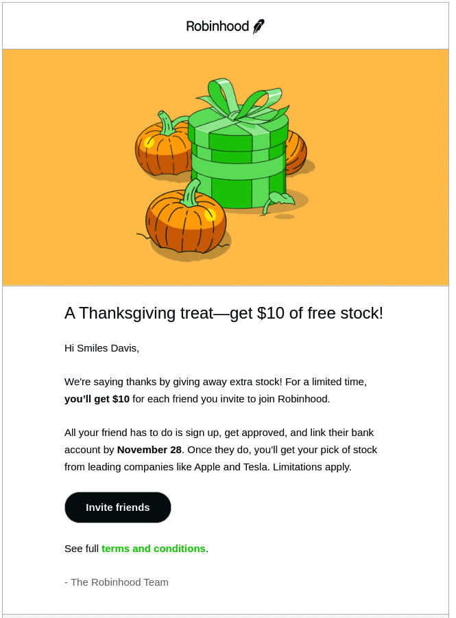 Retention email example: Robinhood